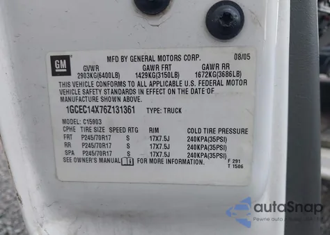 2006 Chevrolet Silverado 1500 Work Truck z USA, uszkodzony, nr VIN 1GCEC14X76Z131361